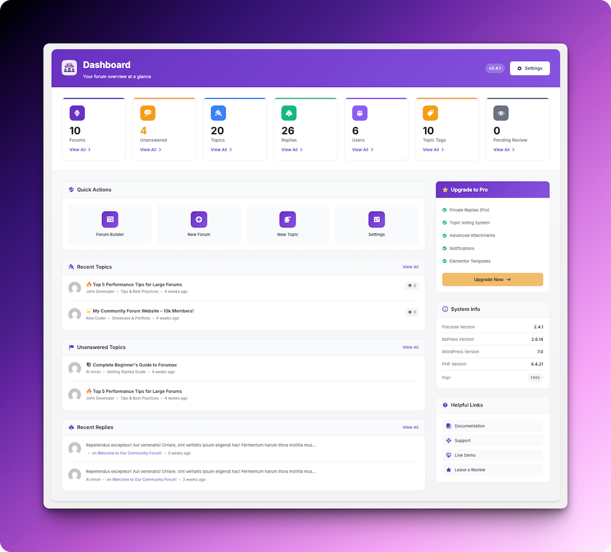 Forumax forum board showing categories and topics in the WordPress forum interface