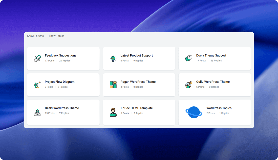 Elementor forum plugin Forumax forum tabs layout showing forums in a grid